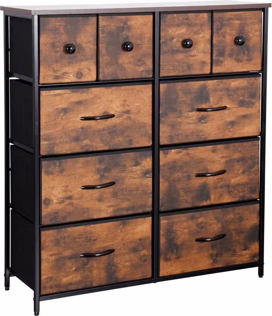 Home Treats Brown Wooden Effect Chest of Drawers with 10 Large Deep Fabric Drawers and Metal Frame