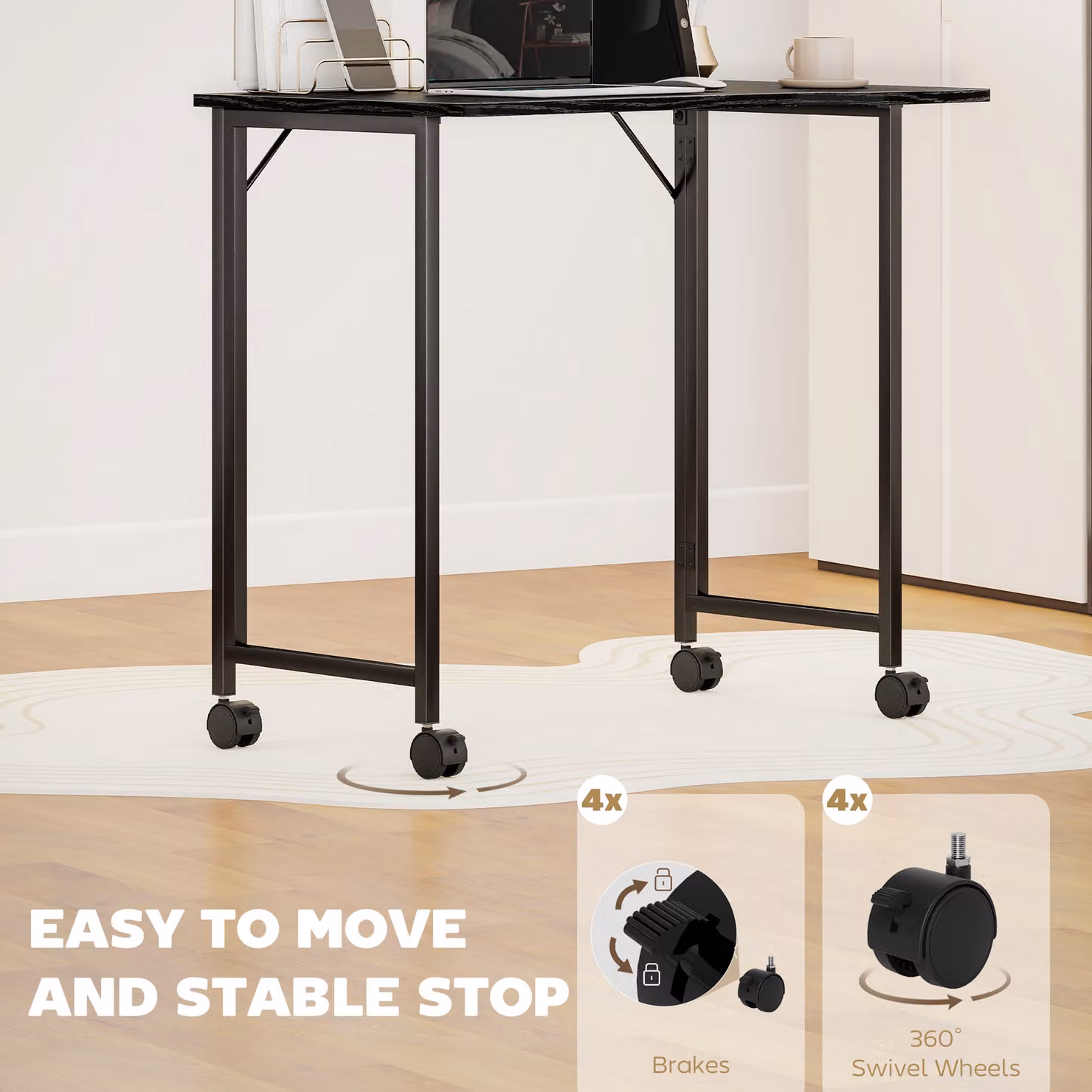 HOMCOM Modern Folding Writing Desk with Castors, Black Wood Effect, H 75 x W 80 x D 60 cm – 4