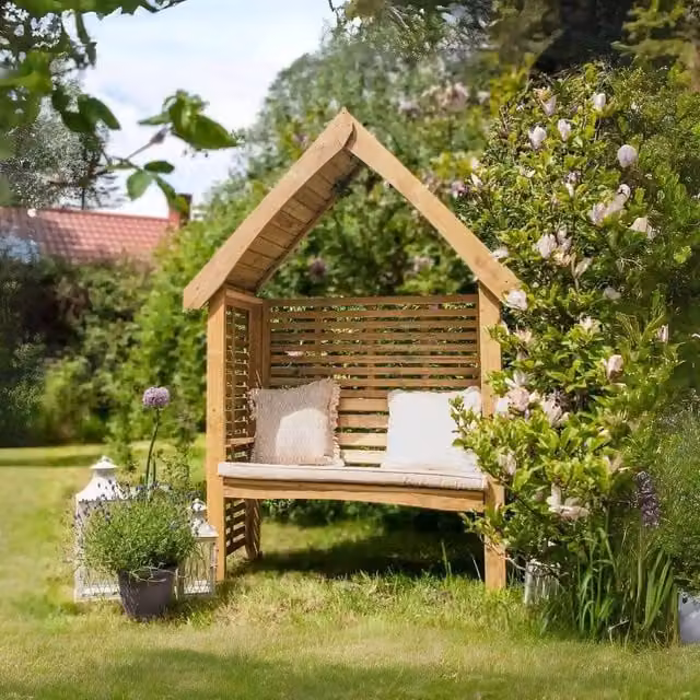 Jagram Garden Buildings Orio Garden Arbour with Bench and Full Trellis in Brown, W: 77 cm, D: 158 cm, H: 220 cm