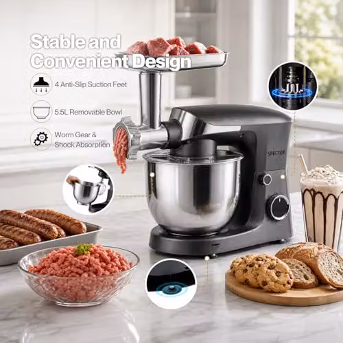 Spector 1500W Stand Mixer with 5.5L Bowl and Meat Grinder in Silver – 9