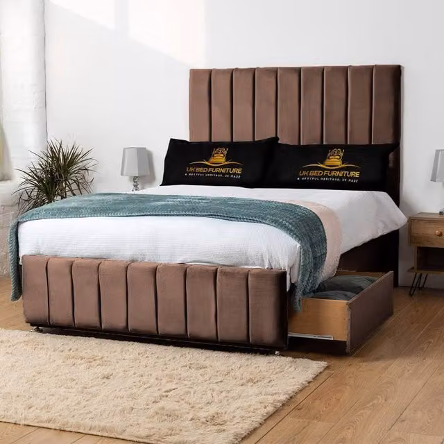UK Bed Furniture Falcon Divan Bed with 2 Drawers and 26 Inch Headboard, Brown Velvet, W/D/H: 180 x 200 cm