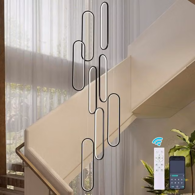 Garwarm Black Dimmable LED Staircase Chandelier with Remote Control and Height Adjustable Pendant Light
