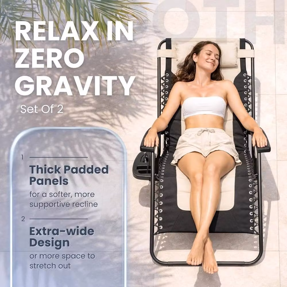 FLAVORA Set of 2 XXL Padded Zero Gravity Reclining Sun Loungers in Beige with Adjustable Headrest – 3