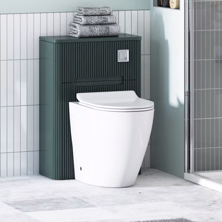 Avenza Moss Green Wall Mounted WC Unit with Elva White Rimless Short Projection Ceramic Toilet Pan, Slim Soft Close Seat and Cistern, Depth: 55 cm