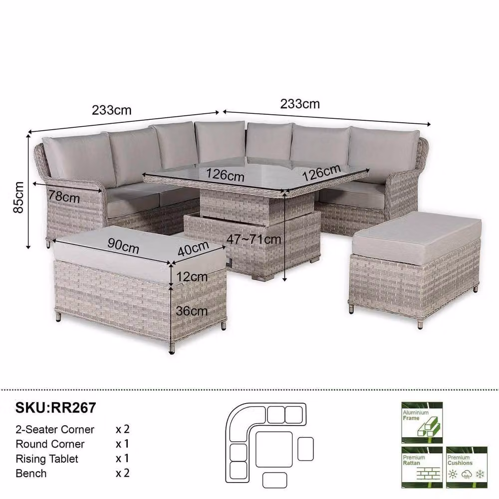 Furnishings For Less UK Rattan Garden Corner Sofa Set with Rising Dining Table and Bench in Grey – 2
