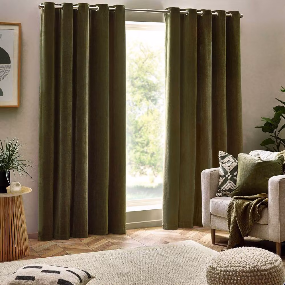 Yard Heavy Chenille Blackout Eyelet Curtain Pair in Green, W: 229 cm, H: 229 cm – 2