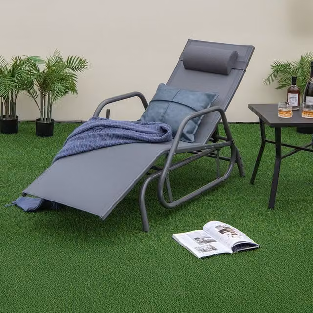 COSTWAY Grey Outdoor Chaise Lounge with Adjustable Headrest and Armrests