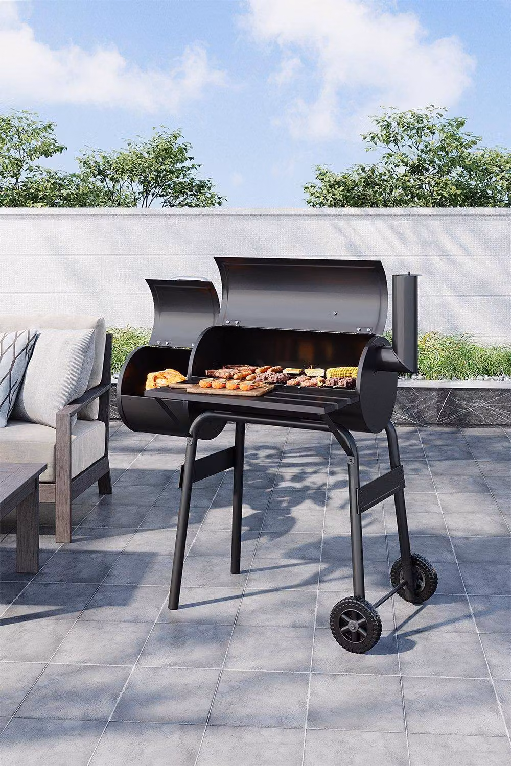 Garden Sanctuary Black Steel Barrel Charcoal BBQ Grill with Wheels – 2