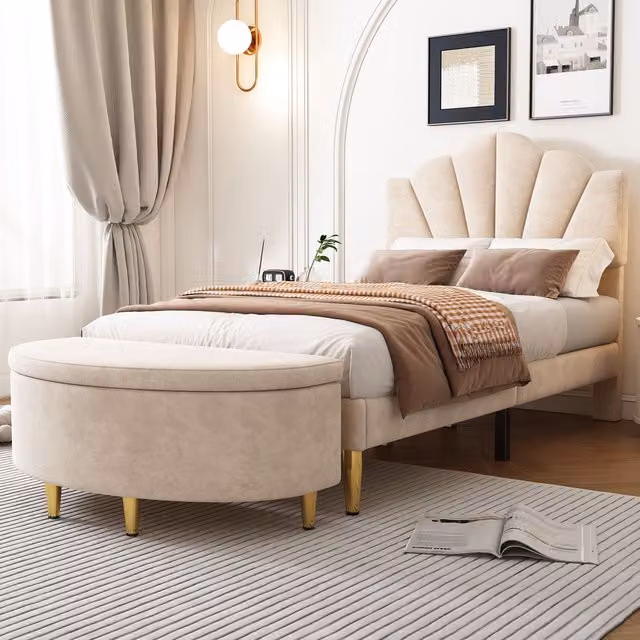 Matteo Beige Velvet Upholstered Single Bed with Storage Bench – 1