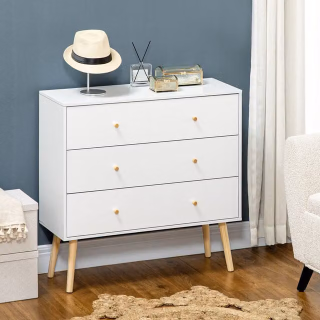 HOMCOM Mid-Century 3-Drawer Chest of Drawers, White Wood Storage Organiser Unit