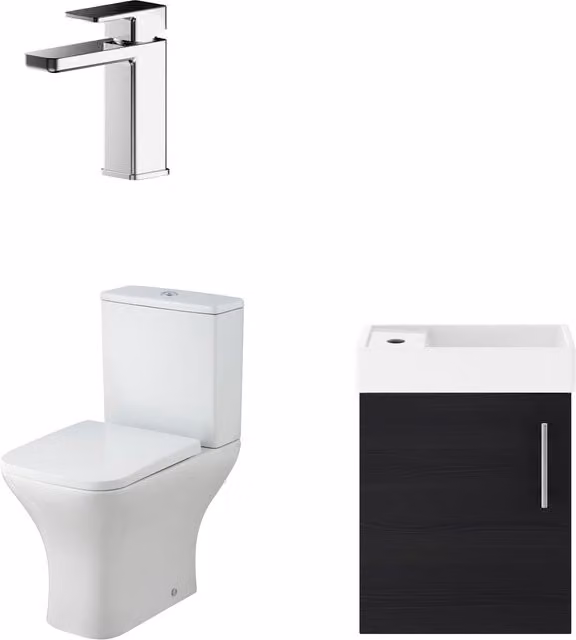 Balterley Wall Hung Vanity, Toilet, Cistern, Seat and Tap Set in Matt Charcoal Black and Grey with Chrome Details