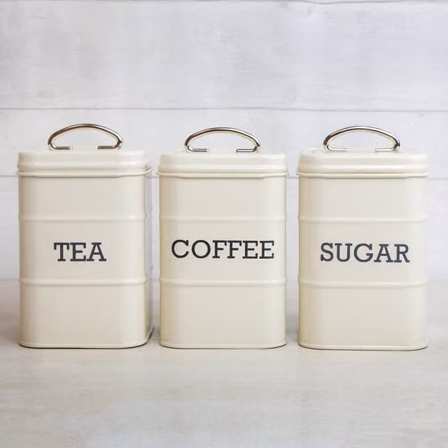 Living Nostalgia Antique Cream Tea, Coffee and Sugar Canister Set in Beige Stainless Steel with Airtight Lids