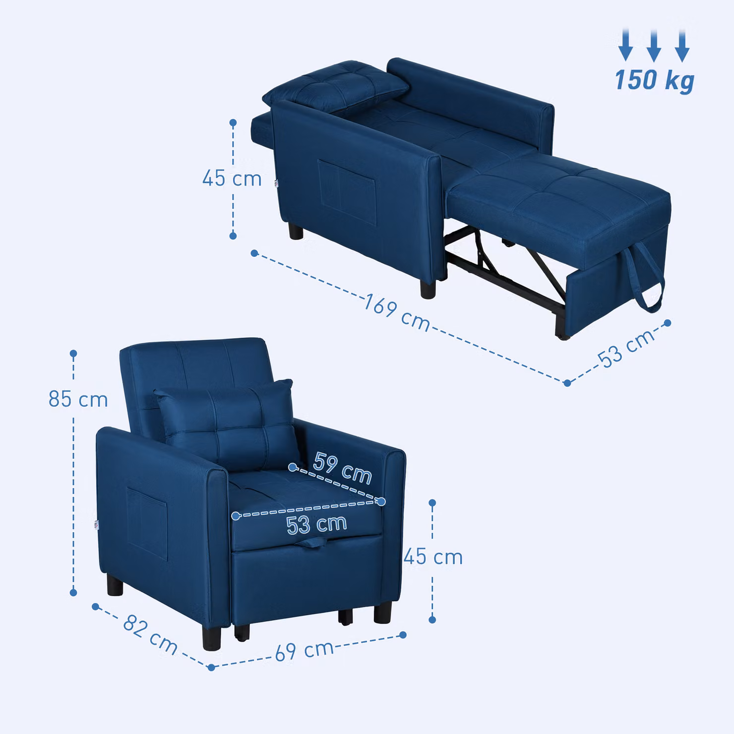 HOMCOM 3-in-1 Convertible Chair Bed with Adjustable Backrest and Side Pockets, Blue – 3
