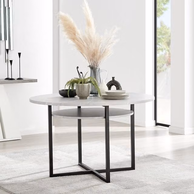 FurnitureboxUK Adley Round Industrial Dining Table with Storage Shelf in Grey and Black – 1