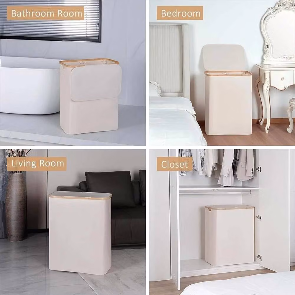 EONLION Beige Laundry Washing Basket with Lid and Handles, 150L, Collapsible Bamboo and Fabric Design – 4