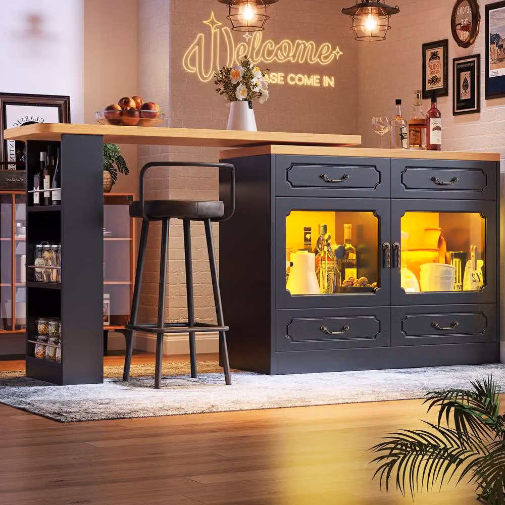 BTM Rotating Bar Table and Kitchen Island Storage Cabinet in Black with Glass Doors, Internal Drawers, Bottle Rack and LED Lighting, W/D/H: 92.8 x 39.0 x 39.0 cm – 2