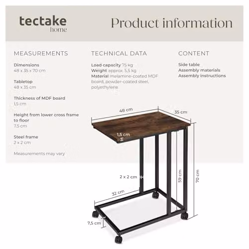 tectake C-Shaped Industrial Side Table with Steel Frame and Swivel Castors, Dark Wood and Black, W: 48 cm, D: 35 cm, H: 70 cm – 3