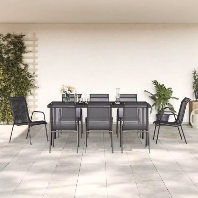 Berkfield Home 9 Piece Garden Dining Set in Black Steel and Textilene