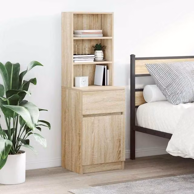 Berkfield Home Bedside Cabinet in Sonoma Oak with Glass Doors, W/D/H: 39 x 35 x 125 cm