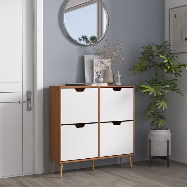 HOMCOM Scandinavian Shoe Cabinet Storage Organiser with 4 Tilting Compartments, White
