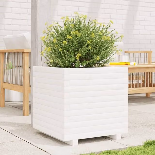 Berkfield Home Beautiful Garden Planter Tub in White Solid Wood, W/D/H: 50 x 50 x 49.5 cm
