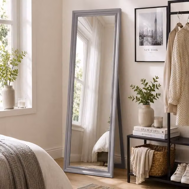 Orsina Full Length Floor Standing Mirror with Bevelled Edges, White and Grey Rectangular Design, H 145 x W 45 x D 5 cm – 1