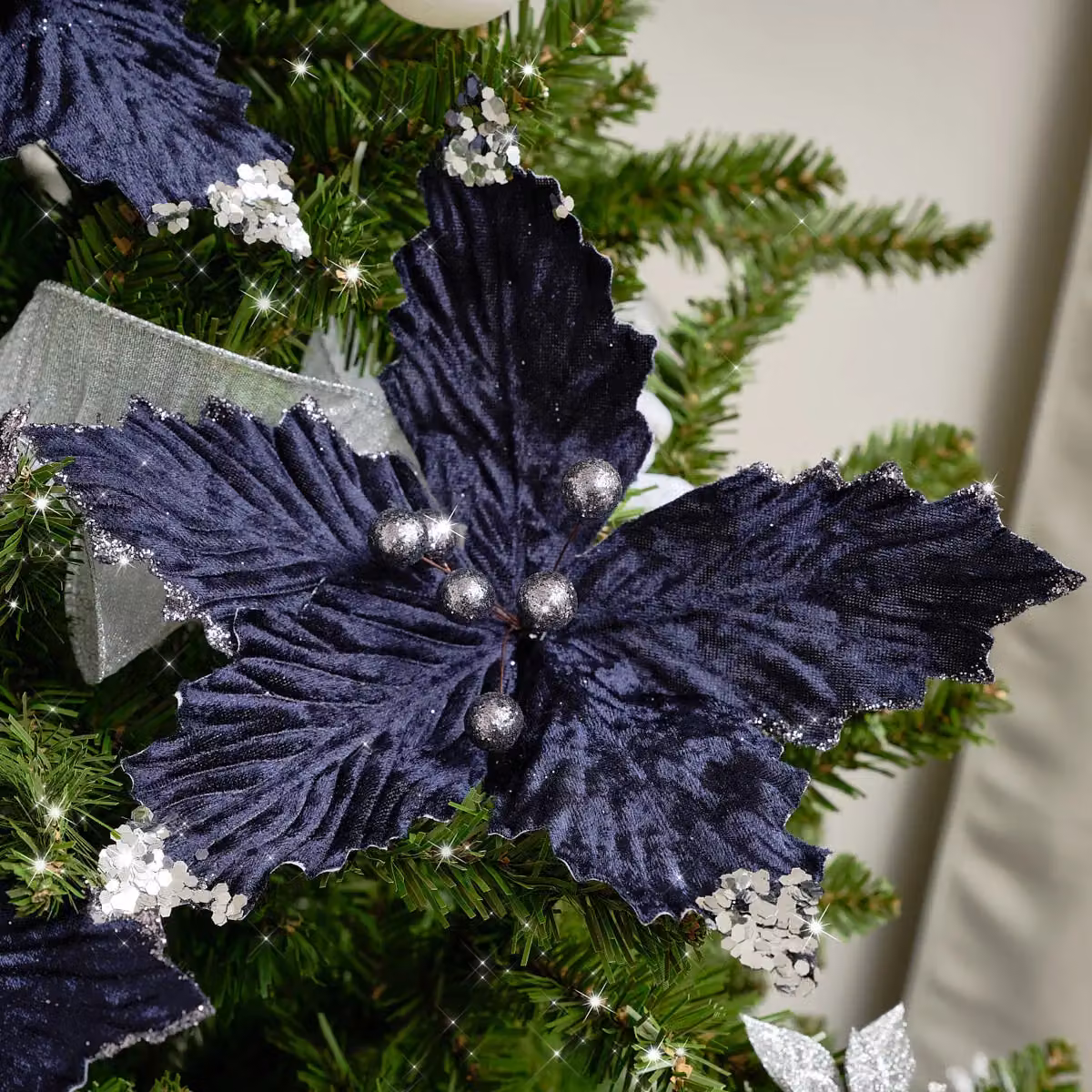 Melody Maison Set of 3 Navy Blue Poinsettia Clip Christmas Decorations, Height: 25 cm – 2