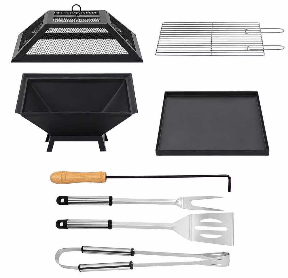 Marco Paul 2-in-1 Square Fire Pit and Charcoal BBQ with Grill and Accessories, Black, W/D/H: 45 x 35 x 45 cm – 3