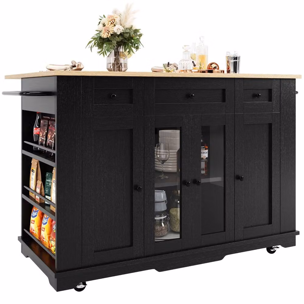 Rolipo Kitchen Island Dining Trolley with Wood Grain Top and Glass Cabinet in Black – 4