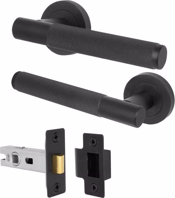 AFIT Matt Black Knurled Round Rose Door Handles with Latch, 1 Pair