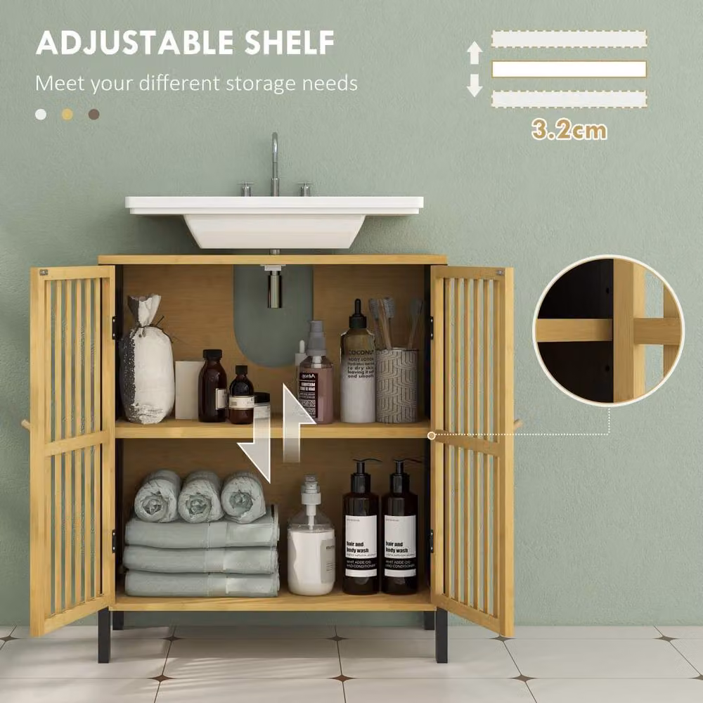 Wyld Haus Rotove Bamboo Style Under Sink Bathroom Cabinet in Black with Internal Shelves and Hinged Doors – 6