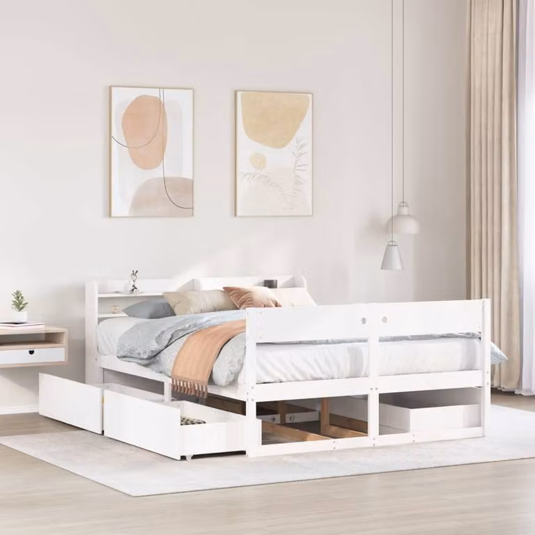Berkfield Home White Solid Wood Pine Bed Frame W/D/H: 140 x 190 cm