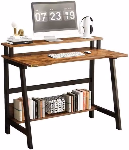 VOGREX Brown Writing Desk with Monitor Storage and Open Shelf – 1