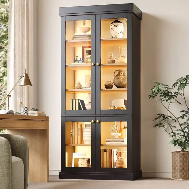 Merax Modern Tall Glass Display Cabinet with Integrated Lighting in Black, H 180 x W 40 x D 50 cm