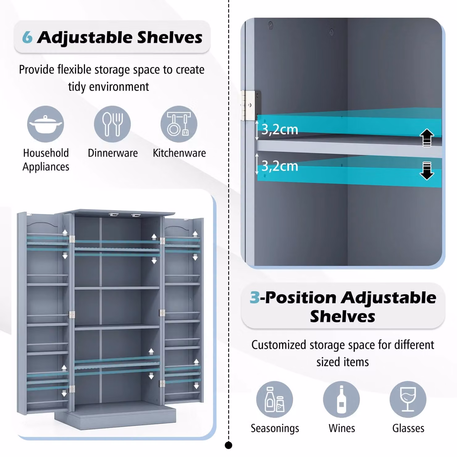 Costway Modern Grey Freestanding Kitchen Storage Cabinet with Adjustable Internal Shelves – 4