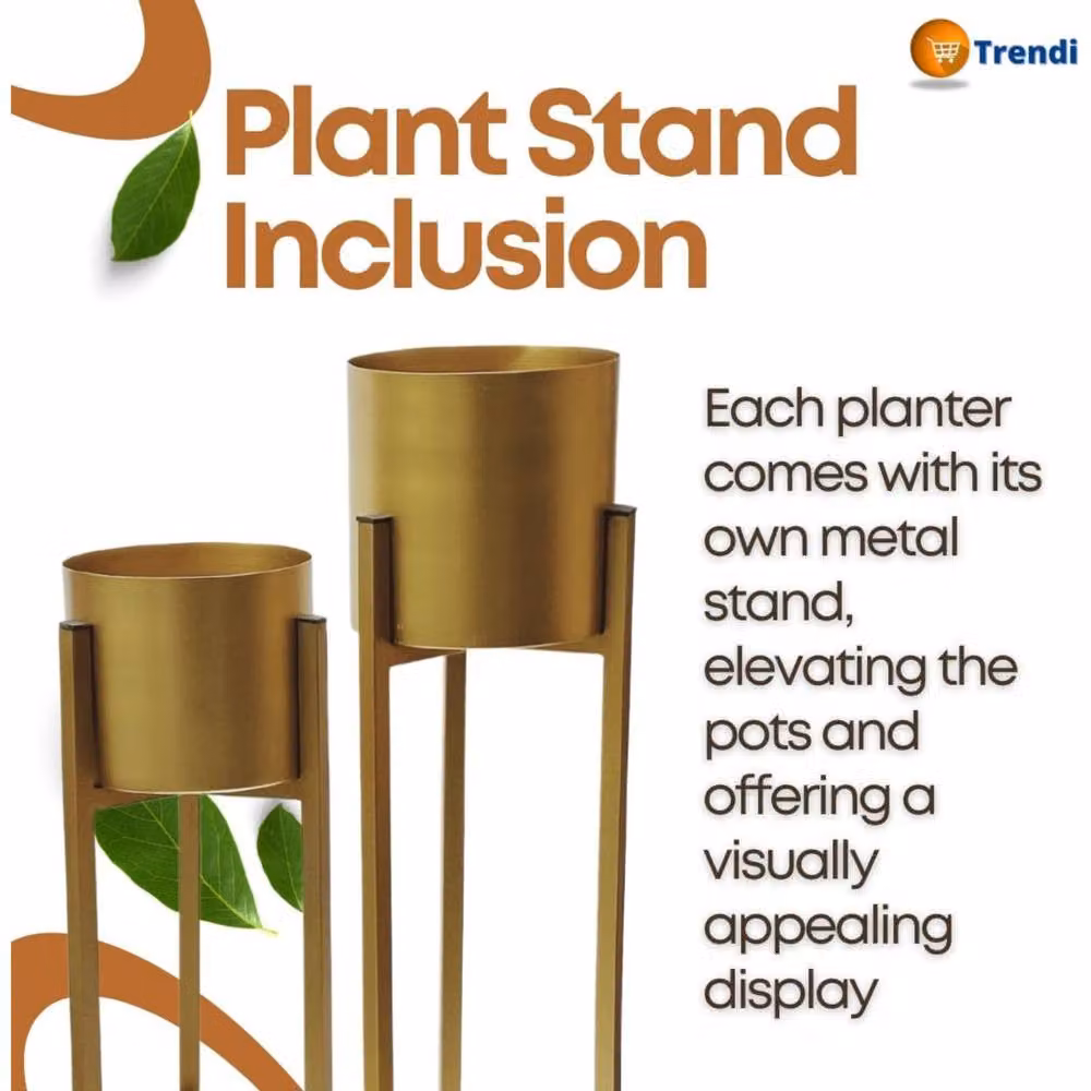 Trendi Gold Set of 2 Round Planter Pots with Reversible Metal Stands – 4