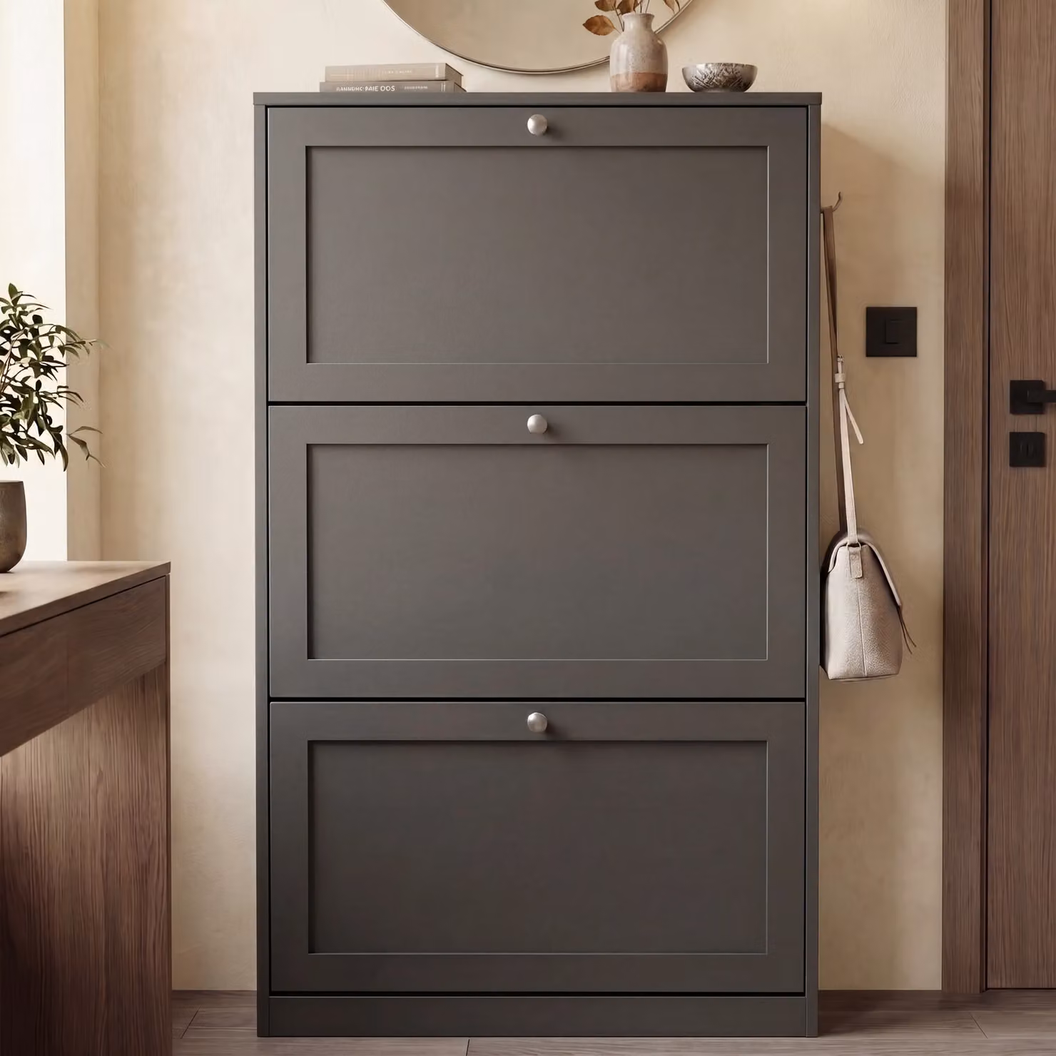 Shaker 3 Drawer Slim Shoe Cabinet in Grey for Hallway Storage