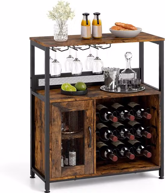 COSTWAY Industrial Coffee Bar Sideboard Buffet Cabinet in Brown Wood and Metal