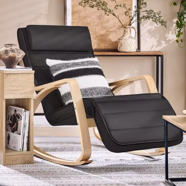 SoBuy Black Relax Recliner Rocking Chair with Synthetic Leather and Birch Wood Frame