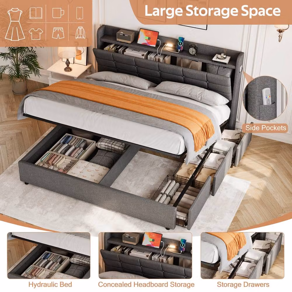 Rolipo Grey Linen Ottoman Bed with LED Under-Bed Lighting and USB Charging Ports, W/D/H: 180 x 200 cm – 5