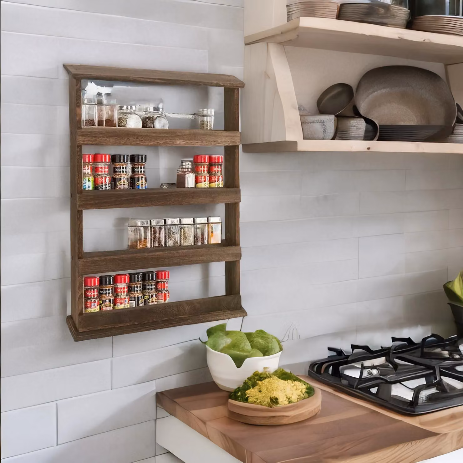 Pirlo Plush 5 Tier Rustic Wooden Spice Rack in Brown, Wall Mounted or Countertop Kitchen Organiser – 3