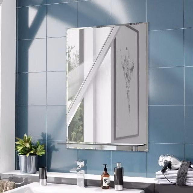 Nes Home Bowen Straight Corner Bathroom Mirror with Glass Shelf, Silver, W: 50 cm, H: 70 cm – 1