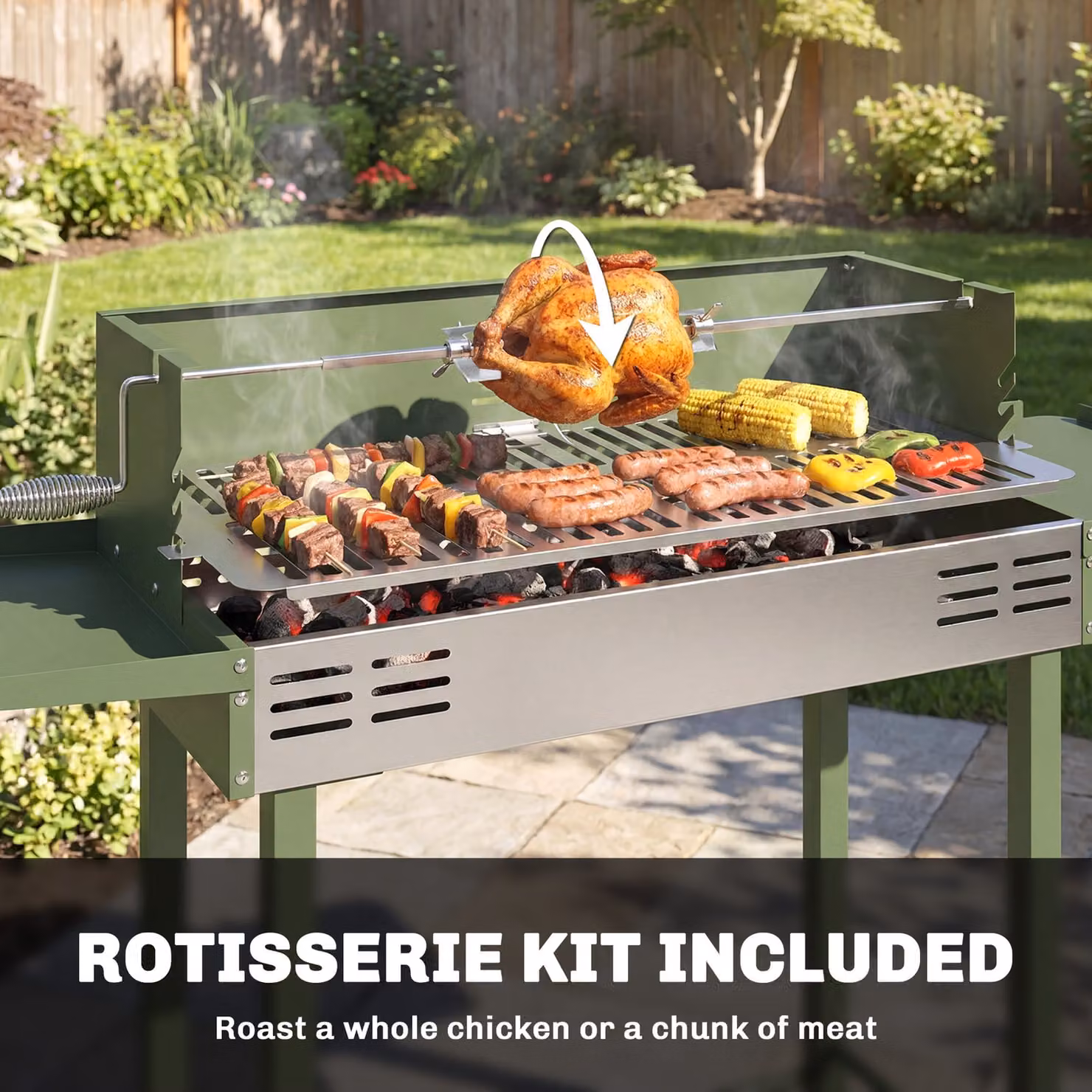 Outsunny Charcoal Rotisserie BBQ Grill with Stainless Steel Spit Roaster and Side Shelves, Dark Green, W/D/H: 118 x 90 x 90 cm – 4