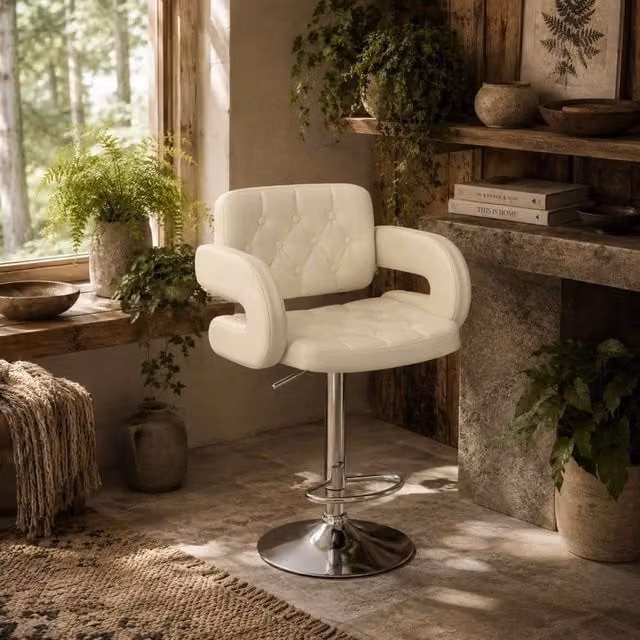 Wyld Haus Filena Adjustable Faux Leather Swivel Bar Stool with Armrests in Beige