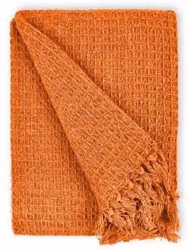 Emma Barclay Waffle Pique Cotton Throw in Orange with Fringes, W/D/H: 178 x 254 cm