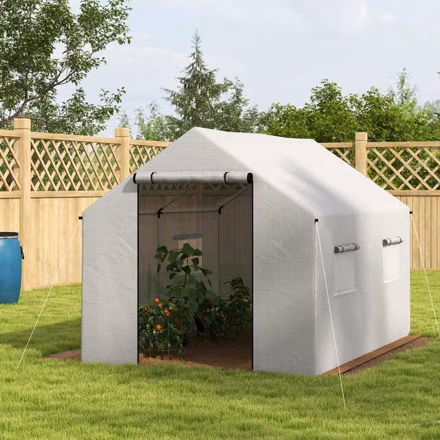 Outsunny White UV-Resistant Polytunnel Greenhouse with Galvanised Steel Frame and Roller Window, W: 2 m, D: 3 m, H: 2 m
