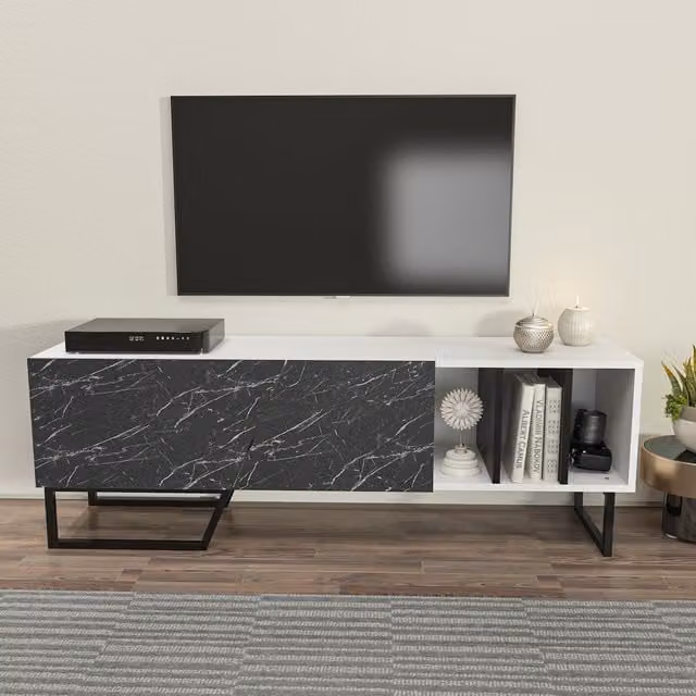 Decorotika Linossa Industrial TV Unit for TVs up to 60 inch in White, Black and Multicolour Marble Effect – 1