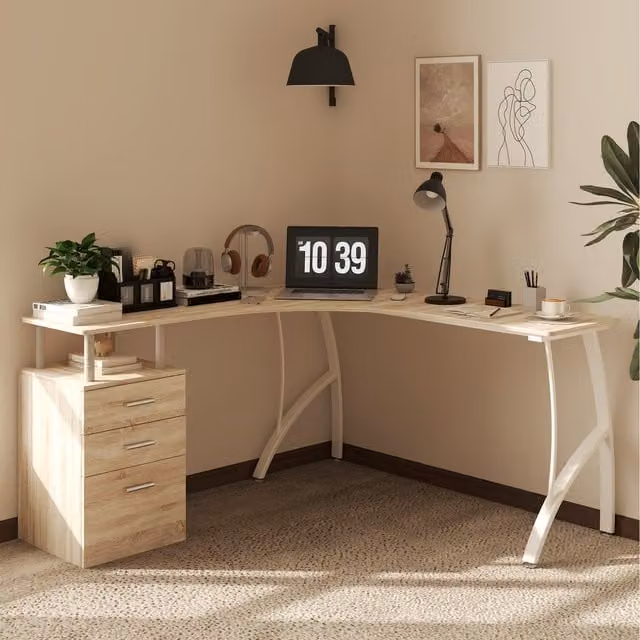 HOMCOM Modern L Shaped Corner Desk in Oak Finish