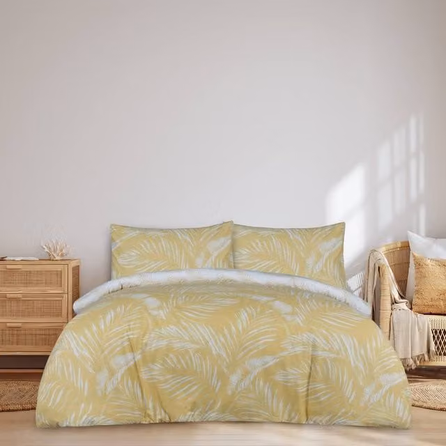 Smart Living Luxury Sketched Palm Leaf Reversible Duvet Cover and Pillowcases in Gold, W: 180 cm, D: 200 cm
