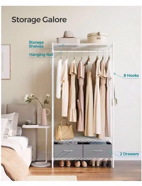 SONGMICS Heavy-Duty Metal Clothes Rail with Shelves in Glossy White